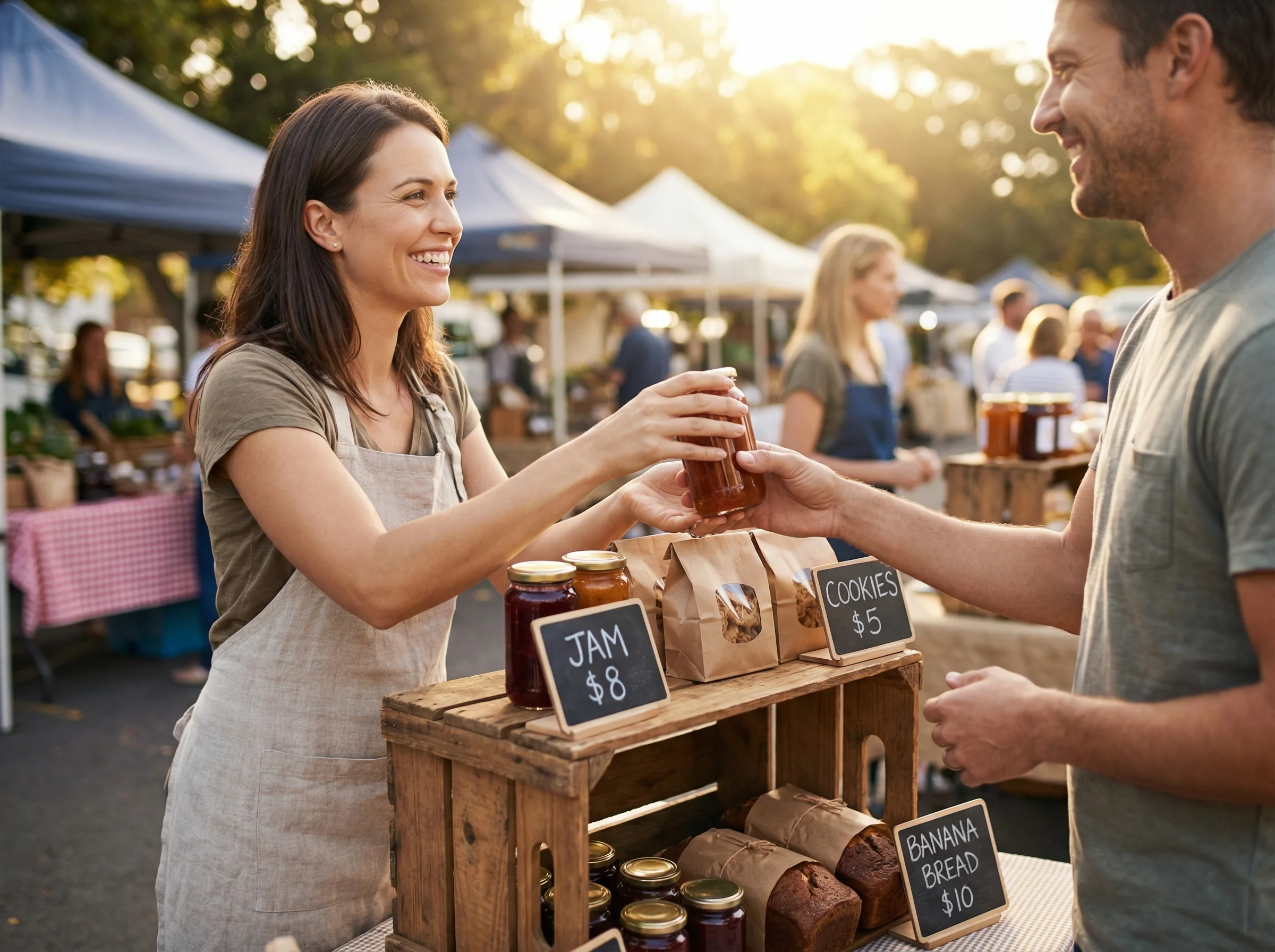 Farmers market booth setup with cottage food products
