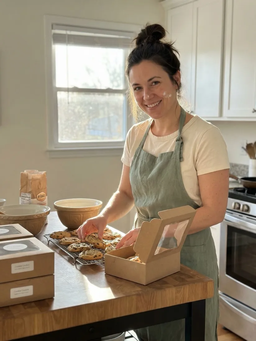 Dani Reeves in her home kitchen packaging baked goods for customers
